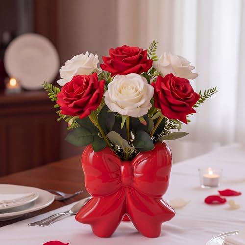 Jingmore Coquette Vase Bow Ceramic Vase Pen Holder Makeup Brush Holder Contemporary Design Decorative Women Gift for Christmas Home Office Shelf Table Living Room(Red,Classic)