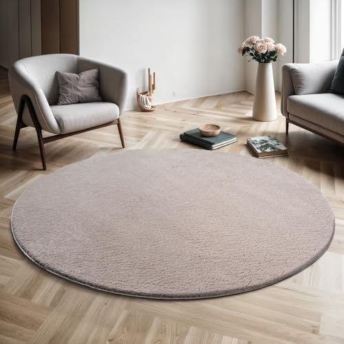 Mias Teppiche Comfort Modern Fluffy Short-Pile Carpet, Anti-Slip Backing, Washable up to 30 Degrees, Super Soft, Faux Fur Look, Blush, 160 cm round