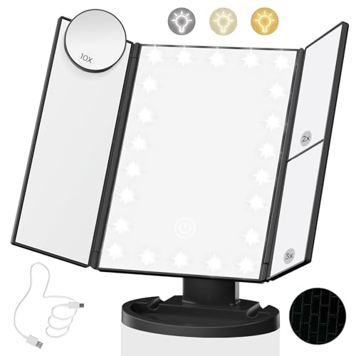 Lighted Makeup Mirror with 22 LED Lights, Dual Power Supply 1x/2x/3x/10x Magnifying Touch Screen Dimmable Mirror, 180 Degree Adjustable Angle, Travel Cosmetic Mirror - Black