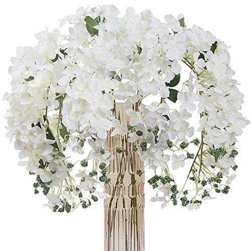 JARELING 6pcs Artificial Silk Hydrangea Flowers Long Stems Fake Flowers for Tall Vase Wedding Vine Hanging Garlands Flower for Home Office Arch Party Decoration(White)