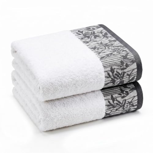 Superior Cotton Bath Towels, Set of 2, Floral Jacquard Dobby Border, Body Towel for Bathroom, Guest Bath, Resort, Hotel, Airbnb, Home Essentials, Adult and Kids, Wisteria Collection, White/Grey