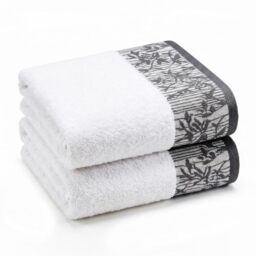 Superior Cotton Bath Towels, Set of 2, Floral Jacquard Dobby Border, Body Towel for Bathroom, Guest Bath, Resort, Hotel, Airbnb, Home Essentials, Adult and Kids, Wisteria Collection, White/Grey