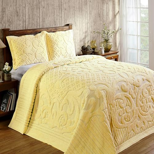"Better Trends 1 Piece Bedspread 100% Cotton Chenille Bedspreads Full/Double 96"" x 110"" Yellow Luxurious Medallion Pattern Tufted Soft Lightweight All Season Ashton Collection"