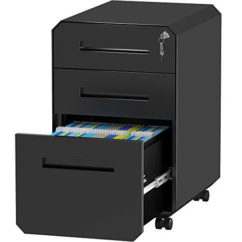YITAHOME 3-Drawers Mobile File Cabinet for Home Office, Lockable Rolling Filing Cabinet with Wheel, Under Desk File Storage Cabinets for Letter/Legal Size, Fully Assembled, Black,51 x 40 x 64cm
