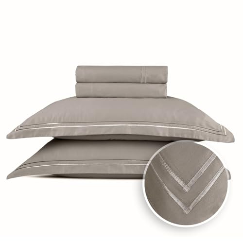 Pure Cotton Double Bedding Set 4-Piece - 100% Cotton Satin - Soft, Easy to Iron, Oeko-Tex - Duvet Cover 230 x 290 cm, Fitted Sheet 180 x 200 x 30 cm, Pillowcase 2 x 50 x 80 cm - Silhouette - Taupe