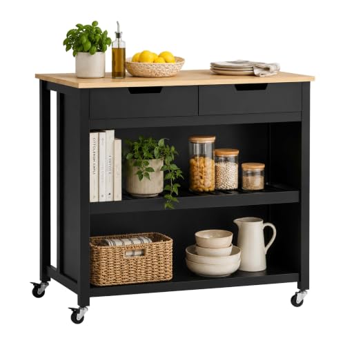 Relaxdays kitchen trolley, worktop, 2 drawers, 2 compartments, black/wood