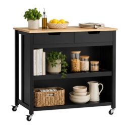 Relaxdays kitchen trolley, worktop, 2 drawers, 2 compartments, black/wood
