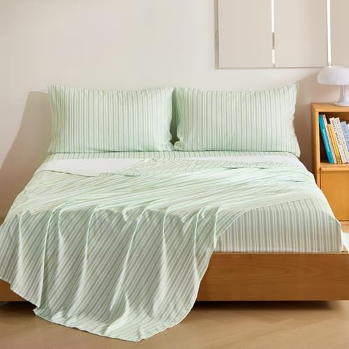 "MCO 4Pieces Striped Sheets Set, Breathable King Sheet Set with 16"" Deep Pocket,Modern & Luxury, Brushed Microfiber Bedding Set(King, Green)"