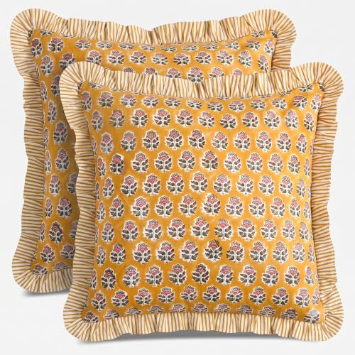 CPC Ruffle Throw Pillow Covers 20 x 20 Inches Cotton Striped Cushion Covers for Living Room 16 Inches Hidden Zipper Boho Cute Outdoor Throw Pillow Cover Citrine Yellow