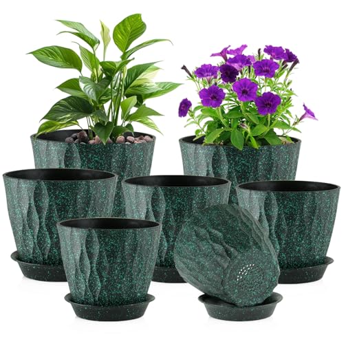 Meowell 7/6.5/6/5.5/5/4.5/4 inch Plant Pots for Indoor Outdoor Plants, 7 Pack Thick Flower Pots with Drainage Holes and Saucers, Wave Texture Plastic Planters Nursery Pots, Black with Green Speckles