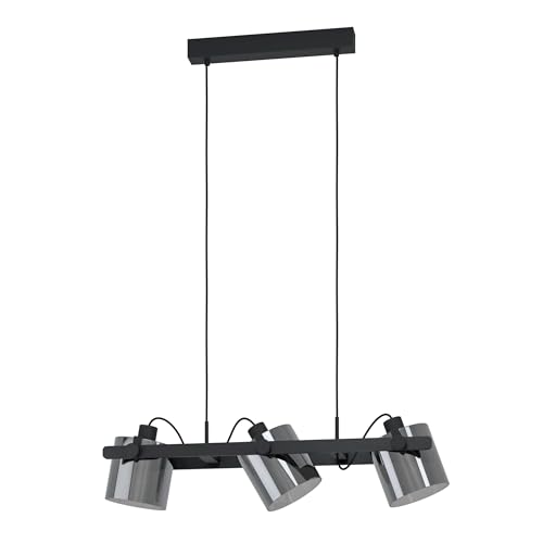 Eglo Hornwood 2, 3-Light Pendant lamp Above Dining Table, Hanging Ceiling Light with Adjustable Smoked Glass Shades, Metal and Wood in Black, E27 Socket, L 78 cm