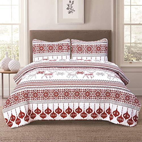 HowPlum Winter Holiday Full/Queen Quilt Bedding Set Red Grey White Christmas Ornament Reindeer