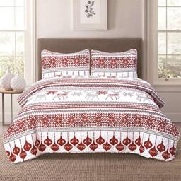 HowPlum Winter Holiday Full/Queen Quilt Bedding Set Red Grey White Christmas Ornament Reindeer