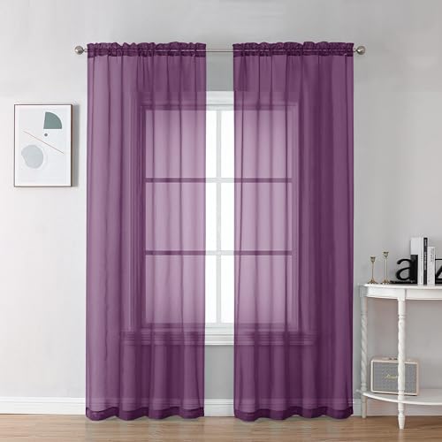 Chyhomenyc Plum Sheer Curtains, 84 inches Long 2 Panels Set, Rod Pocket Voile Drapes for Living Room Bedroom, 2PCS, Each 42 W x 84 L