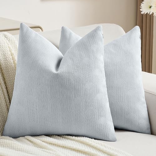 FUTEI Light Blue Chenille Decorative Throw Pillow Covers 18x18 Inch Set of 2,Soft Cozy Striped Geometric Patterns Cushion Cases,Modern Home Decor for Couch Bed Living Room