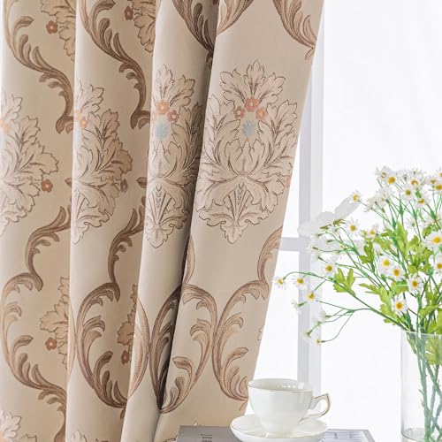 "Loom and Mill Elegant Jacquard Curtains for Bedroom, 2 Panels, 52""W x 84""L - Damask Floral Lined Curtain Panels with Tiebacks, Window Curtain for Living Room Banquet Holiday, Rod Pocket, Light Khaki"