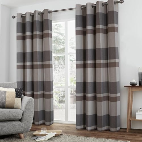 always4u Beige Grey Plaid Curtains Farmhouse Window Curtains Highland Woolen Look Grommet Drapes for Living Room Bedroom 2 Panels 45 * 84 Inches