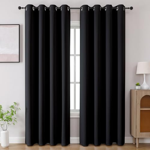 CUCRAF Black Blackout Curtains 96 inch Length 2 Panels Set, Room Darkening Drapes for Living Room Bedroom, Thermal Insulated Light Blocking Grommet Window Curtain (W52 x L96 Inch)