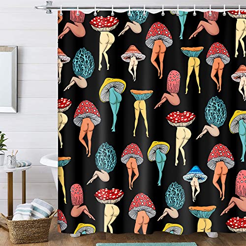 Funny Mushroom Butt Shower Curtain, Fun Cute Sexy Butt 70S 80S Fabric Shower Curtains for Bathroom Hippie Psychedelic Aesthetic Colorful Unique Cool Cloth Black Shower Curtain with 12 Hooks 60X70IN