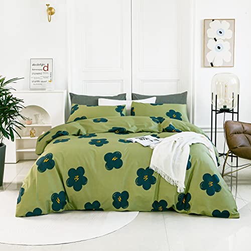 YuHeGuoJi Green Floral Duvet Cover Queen 100% Cotton Cute Flower Duvet Cover Set 3 Pcs 1 Botanical Pattern Duvet Cover with Zipper Ties 2 Pillowcases Soft Flower Plant Bedding Breathable Lightweight