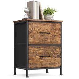SONGMICS Bedside Table, Bedside Cabinet with 2 Fabric Drawers, Nightstand Side Table for Bedroom, Living Room, Steel, MDF, Rustic Brown and Ink Black LGS312BH04