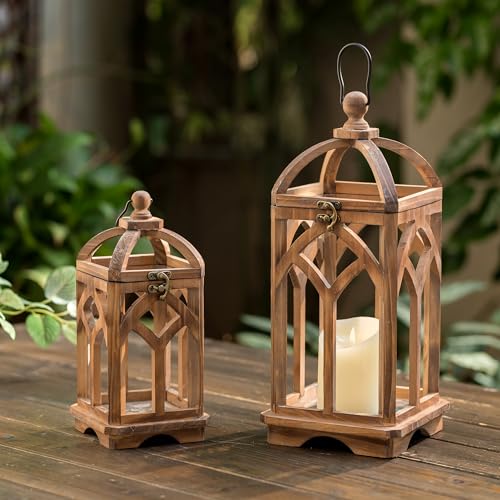 "Staymoment Farmhouse Lanterns Decorative Indoor: 11"" & 15"" Set of 2 Brown Wooden Candle Holder Lanterns for Table Centerpiece Fireplace Mantle Home Decor"