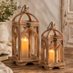 "Staymoment Farmhouse Lanterns Decorative Indoor: 11"" & 15"" Set of 2 Brown Wooden Candle Holder Lanterns for Table Centerpiece Fireplace Mantle Home Decor"