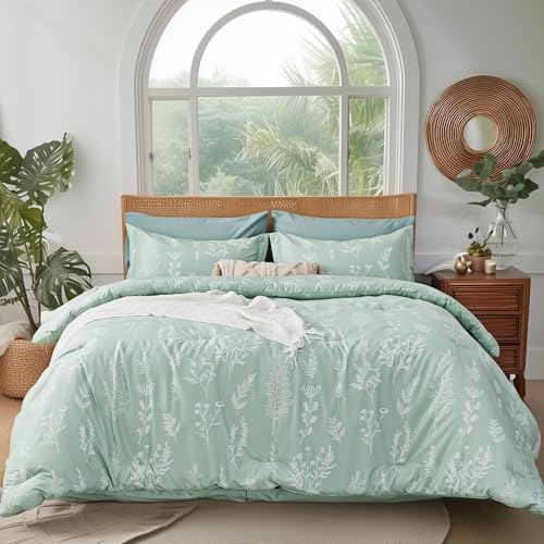 Kozyhvn King Size Comforter Set 7 Pieces, Sage Green, Cute Floral Bed in a Bag King Boho, Soft Fluffy Bedding Sets with Comforter, Sheets, Pillowcases & Shams, All Seasons