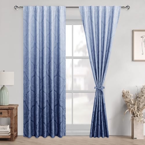 DWCN Ombre Room Darkening for Bedroom with Tiebacks- 84 inches Length Back Tab Damask Design Thermal Insulted Window Drapes Light Blocking Curtains for Living Room, 2 Panels, W42 x L84, Navy