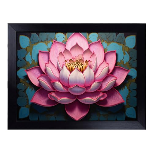 Lap Tray with Bean Bag Cushion, Lotus Flower Art Deco - Handmade in the UK, Raised Wooden Edge, Padded Cushion, Heat-Resistant Wipe-Clean Surface, for Meals, Laptops and Crafts