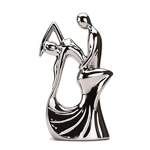 BRABUD Ceramic Romantic Couple Dancing Sculpture Abstract Statue Eelectroplating Sliver Smooth Finish Home Desk Decoration Wedding Gift Collectible Figurine 11in(H) TQGJBS347
