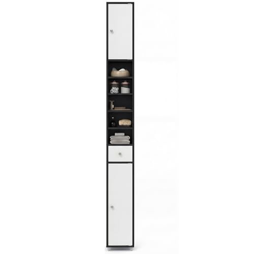 RELAX4LIFE Tall Bathroom Cabinet, Free Standing Storage Cupboard with 1 Drawer, 2 Cabinets & 5 Adjustable Open Shelves, MDF Slim Organiser Unit for Bathroom Living Room Kitchen (Black+white)