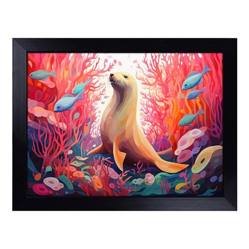 Lap Tray with Bean Bag Cushion, Sea Lion Orphism - Handmade in the UK, Raised Wooden Edge, Padded Cushion, Heat-Resistant Wipe-Clean Surface, for Meals, Laptops and Crafts
