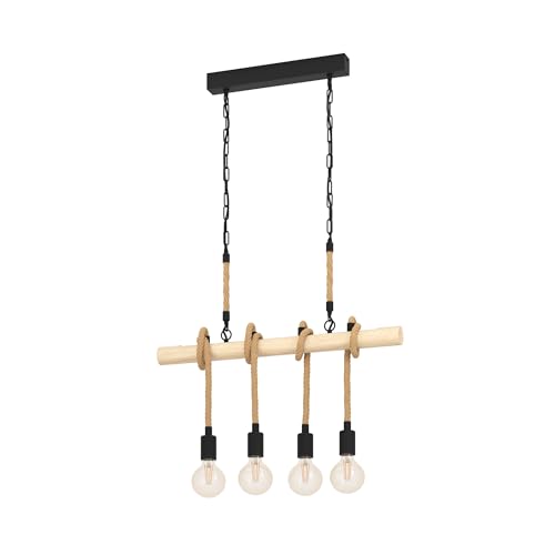 Eglo Pendant Light Youngstown, 4-Light Hanging Lamp Vintage Industrial Retro, Pendant Lamp Steel Wood Natural Rope, Dining Table Light, Living Room Hanging Lamp Black Natural E27 Socket