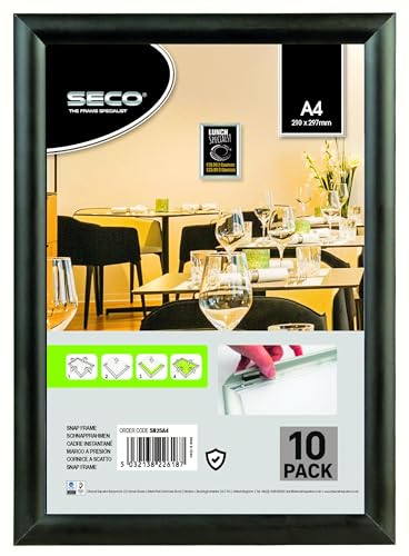 Stewart Superior A4 Aluminium 4 Sided 25mm Front Loading Picture/Poster Snap Frame - Black (Pack of 10)