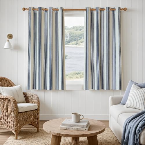 DriftAway Chris Vertical Striped Pattern Linen Blend Lined Thermal Insulated Blackout and Room Darkening Linen Curtains for Farmhouse Printed 2 Panels 52 Inch by 54 Inch Dark Blue