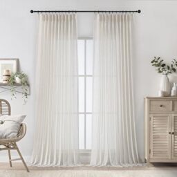 "WEST LAKE 90 Inches Long Natural Pinch Pleated Sheer Curtains,French Pleat Linen Blend Drapes for Living Room Bedroom Patio,Farmhouse Window Treatment with Back Tabs Hooks for Track,60""Wx90""L,2 Panels"