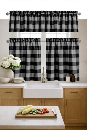 Softopia Cotton Buffalo Check Kitchen Window Curtain Set 3 Piece, Valance and Tier Panels 54x18 and 26x36, Farmhouse Rod Pocket Curtains for Home D??cor, Light Grey & Black