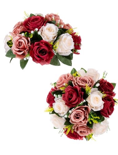 Flower Centerpieces for Tables Wedding: Blosmon 2 Pcs Fake Flowers Rose Arrangement Bouquet Burgundy Blush & White Floral Centerpiece Balls Artificial Wedding Center Pieces