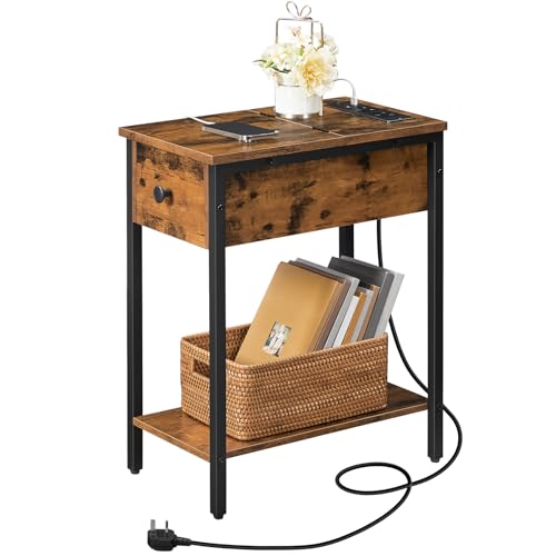 HOOBRO Side Table, Slim Bedside Table with Charging Station, USB Ports and Power Outlets, Nightstand for Living Room, Bedroom, Flip Top, Rustic Brown and Black EBF348KBZ01