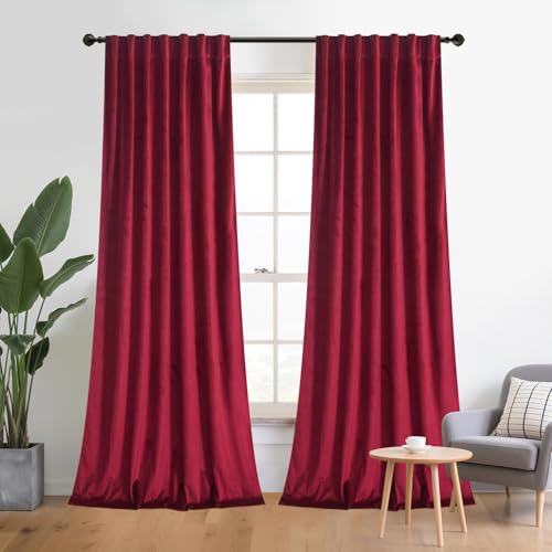 Roslynwood Luxury Soft Rose Red Velvet Curtains 63 inches Long Back Tab Thermal Insulated Blackout Window Drapes for Living Room/Bedroom/Dining Room, W52 x L63, 2 Panels