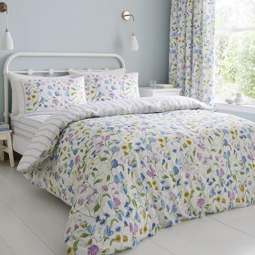 Dreams & Drapes Sweetpea Floral Duvet Cover Set Single 135 x 200cm – 100% Cotton Bedding with Delicate Sweet Pea Flower Design, Includes 1 Pillowcase
