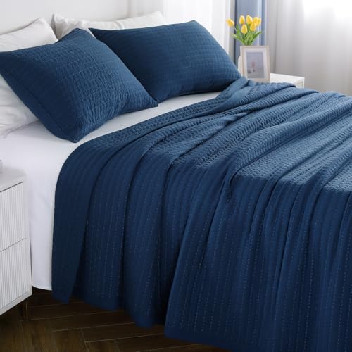 "XL Queen Quilt Set ??? 98""x98"" Soft Washed 3-Layer Lightweight Bedspread with Multi-Lock Quilting, Minimalist Nordic Bedding, All-Season Quilt for Spring & Summer (1 Quilt + 2 Pillow Shams),Dark Blue"