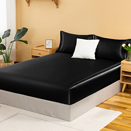 NSGZ Satin Fitted Sheet Only California King, Silky Bottom Sheets, Black - Gentle On Hair And Skin, Deep Pocket Fits Up To 15 Inches, Elastic Straps For Snug Fit, Machine Washable, Wrinkle-Resistant
