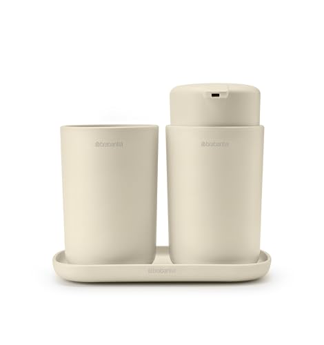 Brabantia - ReNew Bathroom Accessory Set - Soap Dispenser, Toothbrush Holder & Tray - Non-Drip Pump Mechanism - Non-Scratching - Corrosion Resistant - Bathroom Set of 3 - Soft Beige