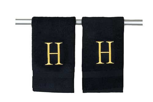 Black with Gold Monogrammed Hand Towels for Bathroom - Set of 2 Letter H - Luxury Hotel Quality Initial Towels For Powder Room, Spa, GOTS Organic Certified