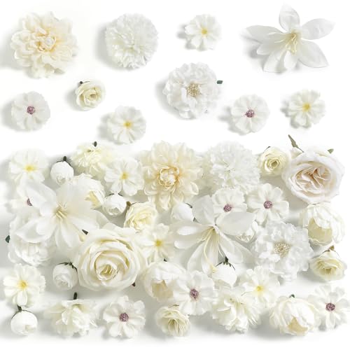 rongflower Fake Flower Heads for Crafts - White Silk Artificial Roses, Peonies, Daisies & Mini Floral Heads Bulk (48-Pack) for Wedding Decor, Graduation Cap, Cake Topper, Baby Shower, Home Decoration