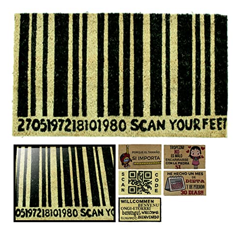 LUCA HOME Natural Coir Doormat, 70 x 40 cm, with Non-Slip Backing, Funny Barcode, Absorbent for the House Entrance, Ideal for Exterior Doors or Hallways