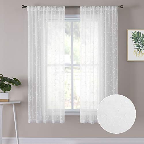 Tollpiz Leaves Short Sheer Curtain White Leaf Embroidery Living Room Curtains Rod Pocket Voile Faux Linen Embroidered Leaves Curtain for Bedroom, 38 x 45 inches Long, Set of 2 Panels