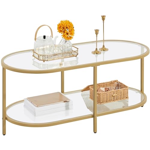 Yaheetech Glass Coffee Table, Oval Coffee Tables for Living Room, Modern 2-Tier Center Table with Storage Shelf & Metal Frame for Small Space, Office, Gold